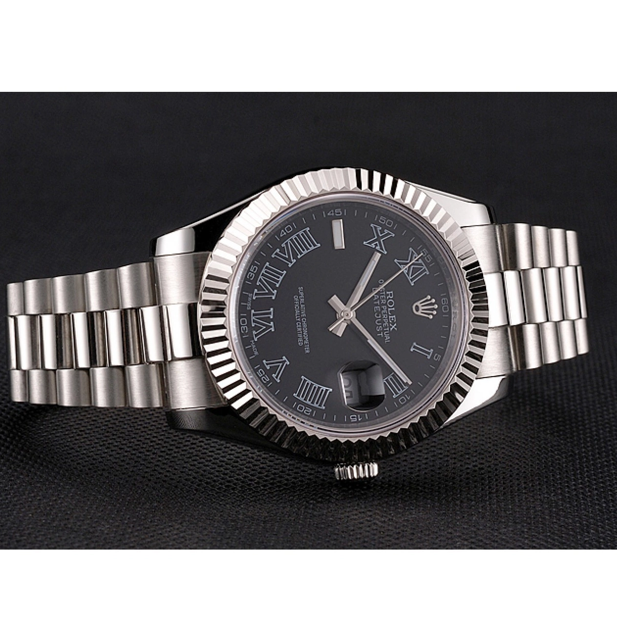 Aaa replica watch Numerals And Black Datejust Rolex Bracelet Steel Case Swiss Stainless Roman Dial 0819